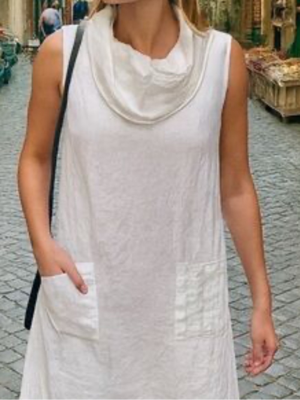 White Linen Cotton Dress MD Sleeveless Pockets Shift Summer Vacation Cruise